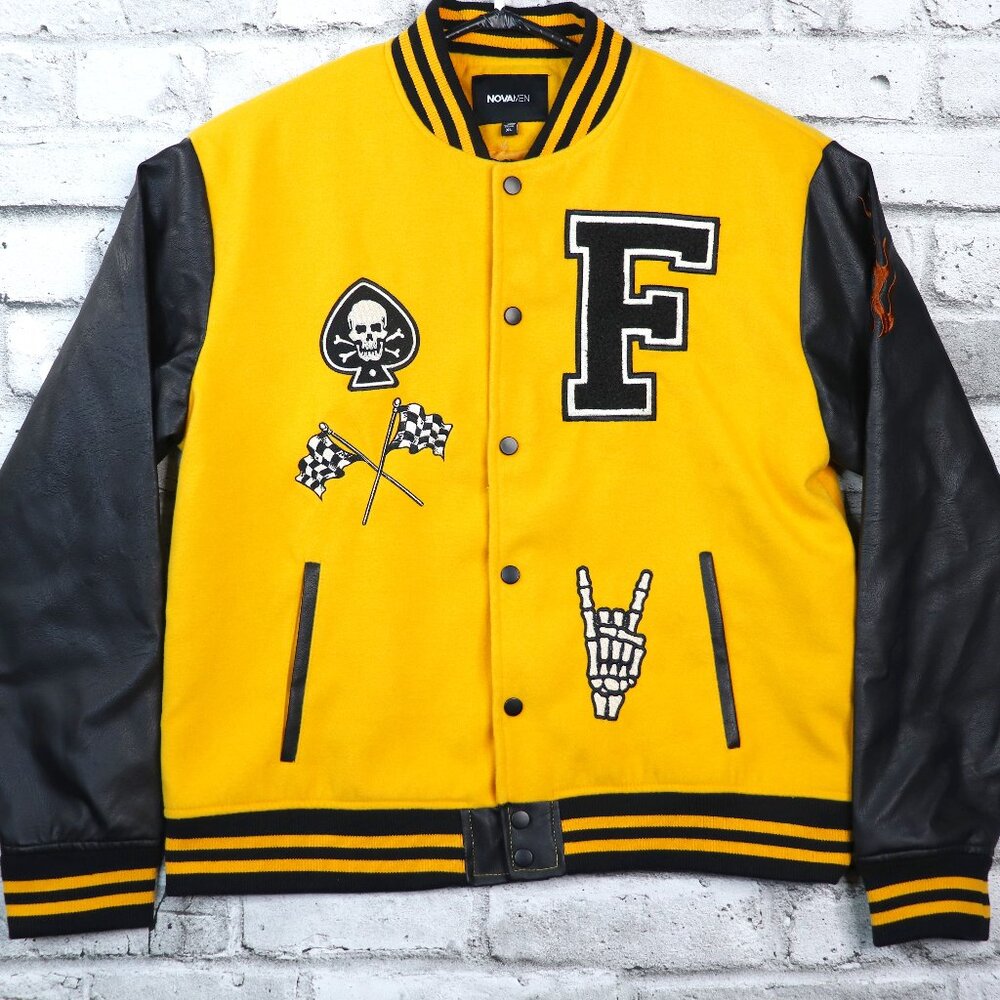 Nova Men Bone Biker Faux Leather Varsity Bomber Button Down Jacket SZ XL